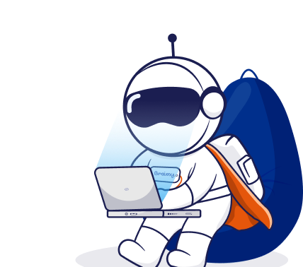Astronaut with laptop and rocket